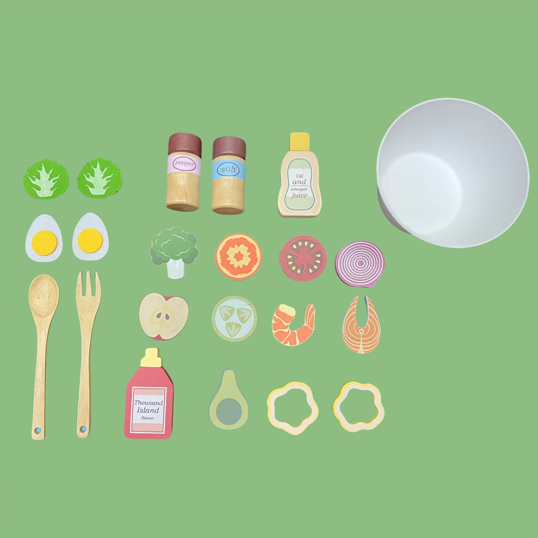 Wooden Fruit and Vegetable Salad Set with Utensils for Kids