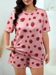  Strawberry Print T shirt & Shorts Pajama Set