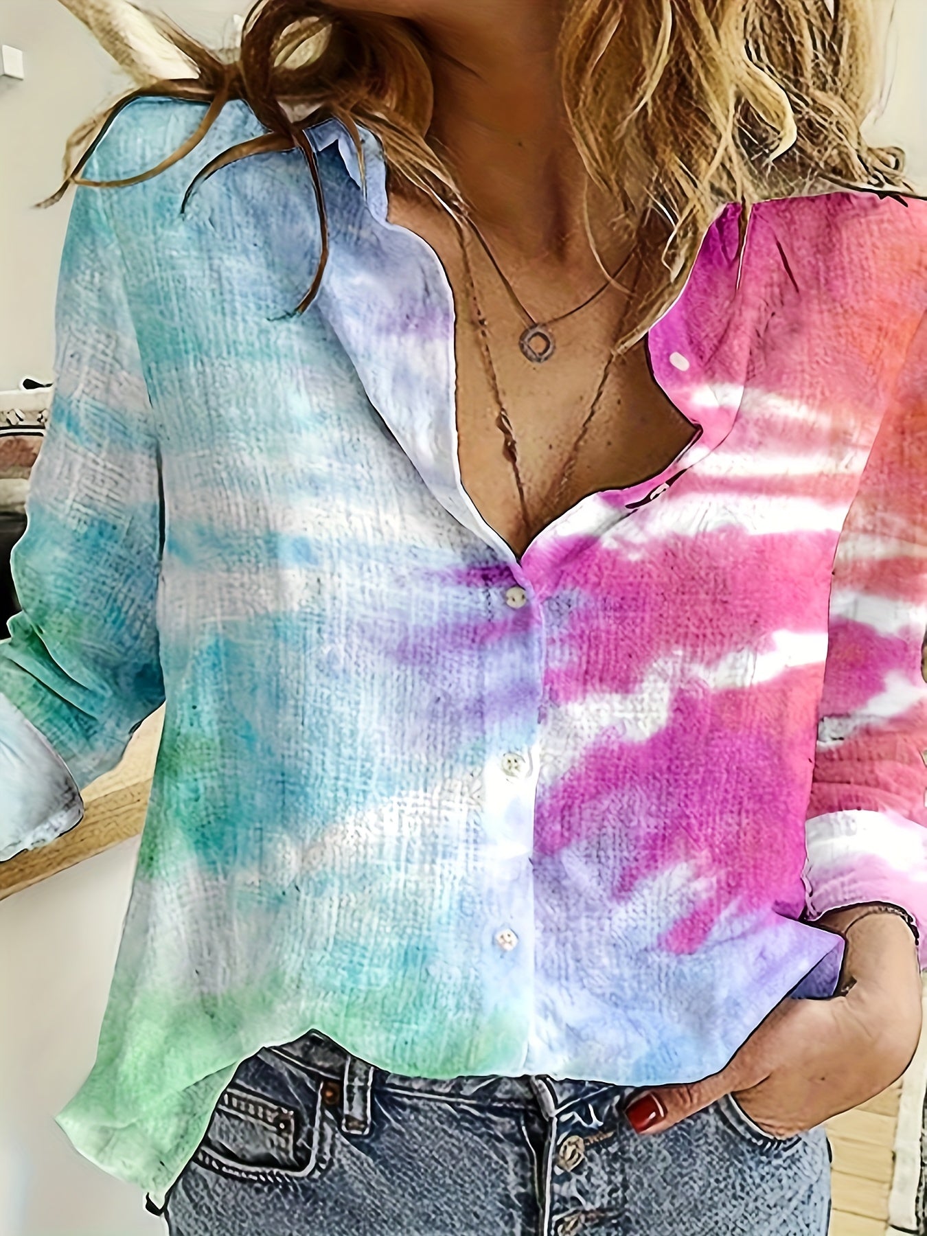  Tie Dye Button Up Long Sleeve Shirt