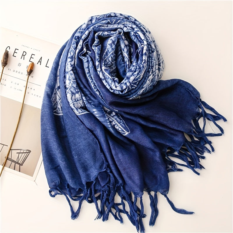Geometric Print Scarf Vintage Tie Dye Tassel Shawl Boho Hijab Women
