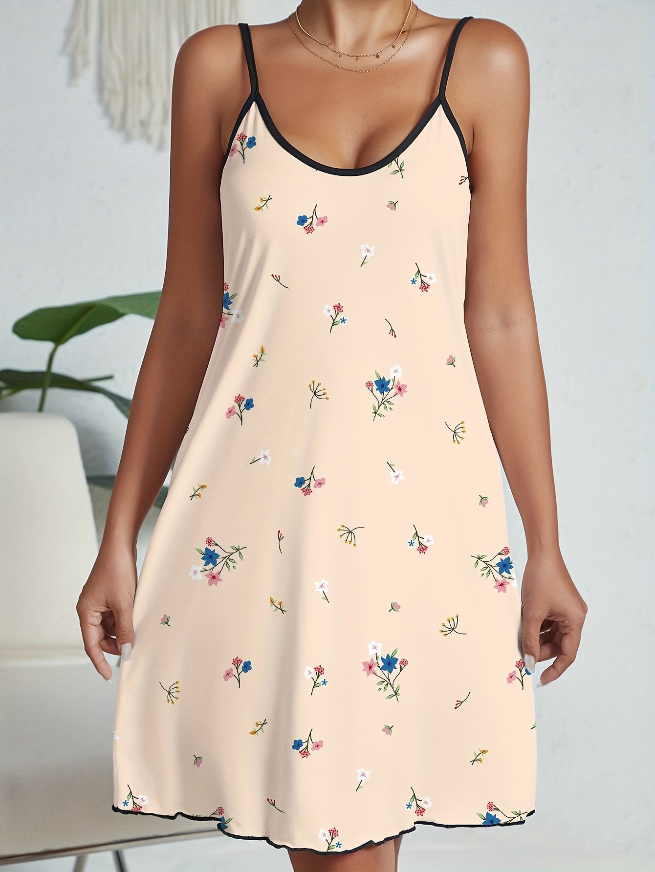 Floral Print Nightdress Spaghetti Strap Sleep Dress