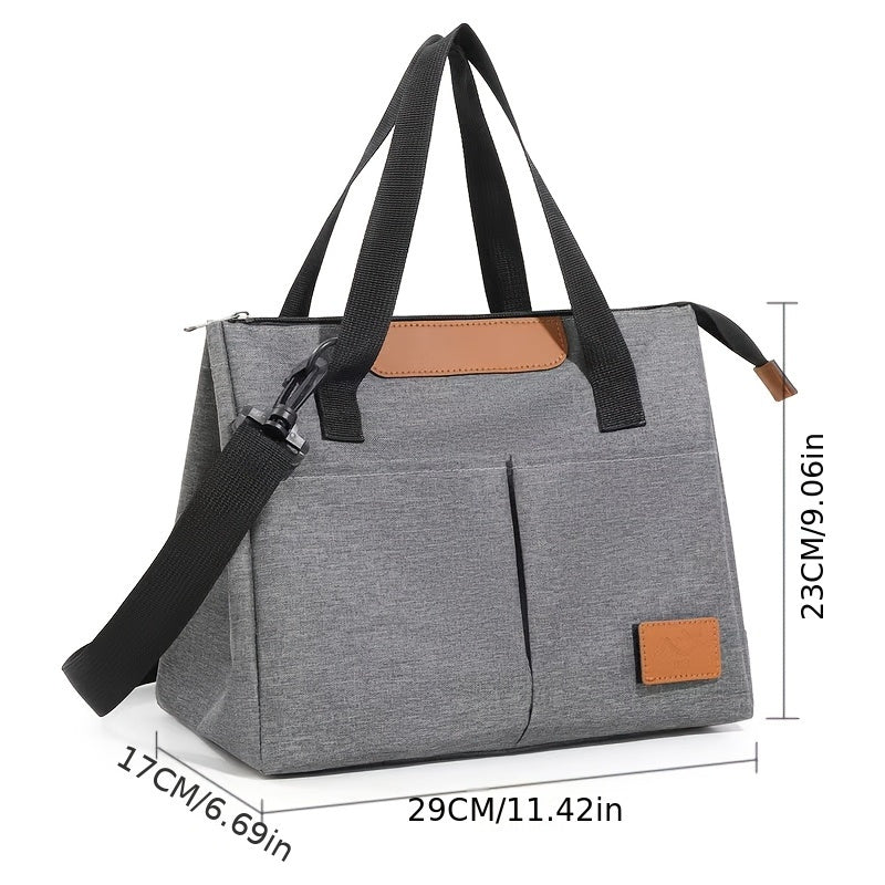 Gray Oxford Fabric Insulated Lunch Bag with Faux Leather Accents