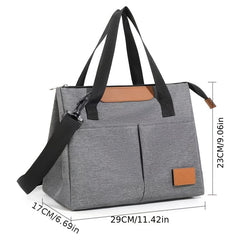 Gray Oxford Fabric Insulated Lunch Bag with Faux Leather Accents