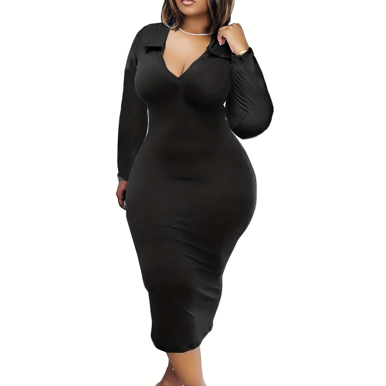  Solid Long Sleeve V Neck Slim Fit Dress
