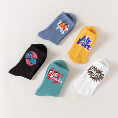 5 Pairs Letter Print Crew Sports Socks
