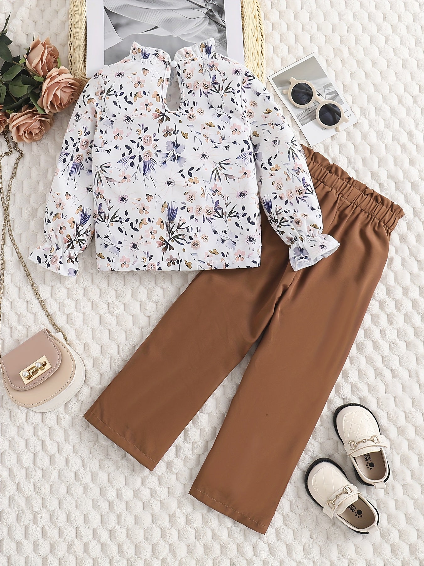 Girl's Floral Shirt & Bowknot Pants Set for Spring