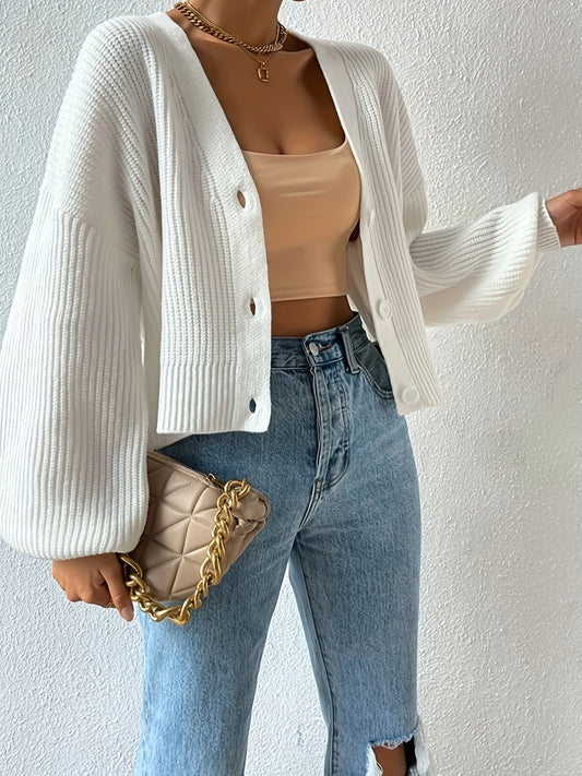  Solid Button Up Lantern Sleeve V Neck Cardigan