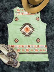 Geo Pattern Ribbed Tank Top V Neck Casual Sleeveless Top