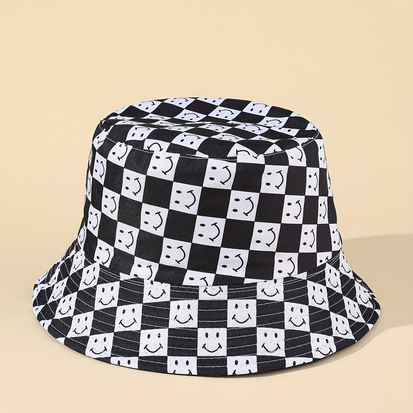 Mens Checkerboard Happy Face Polyester Bucket Hat