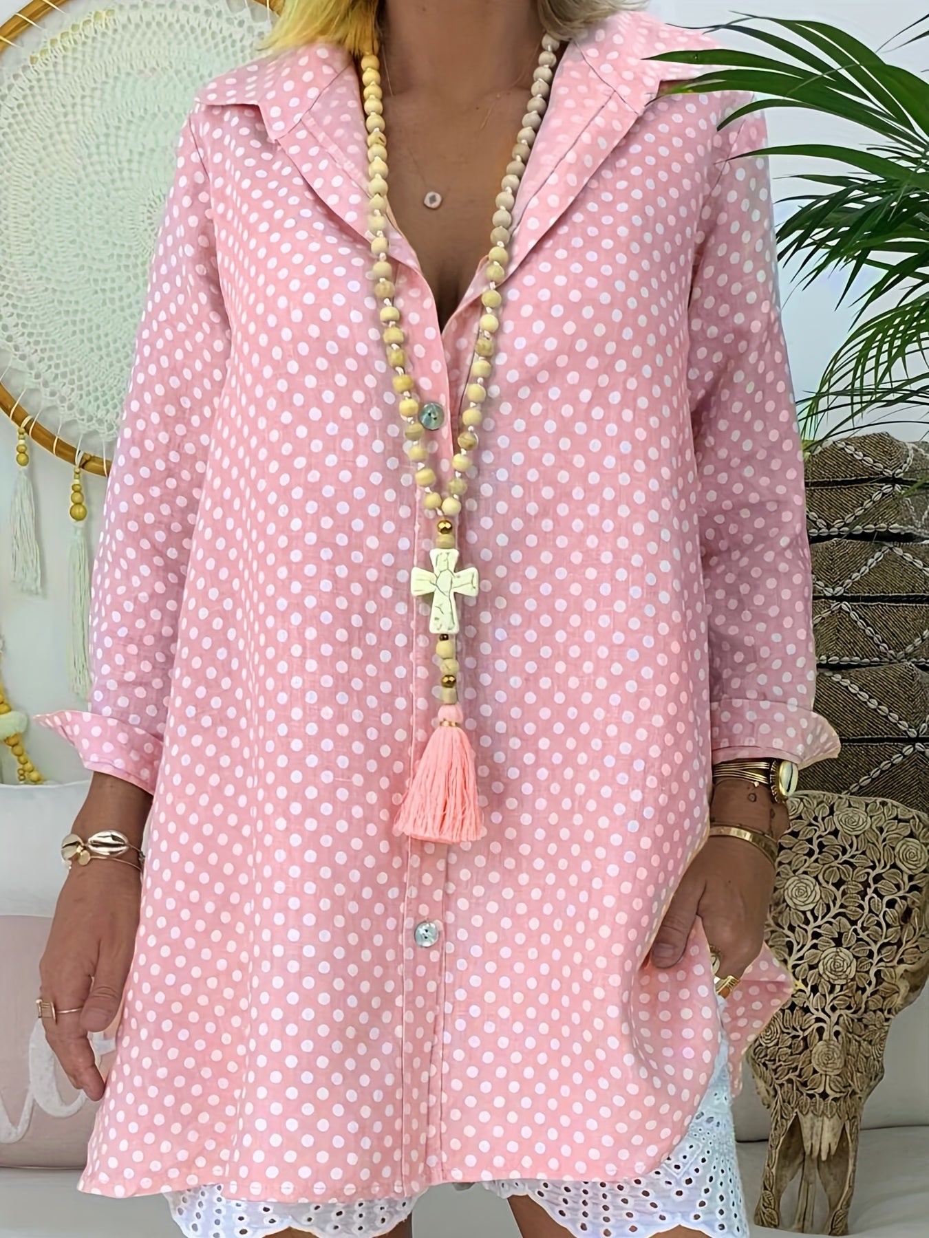  Polka Dot Print Long Sleeve Blouse