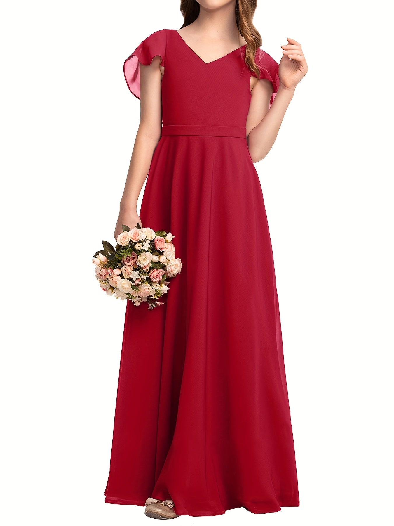 Girls Flounce Sleeve V Neck Bridesmaid Dress For Wedding