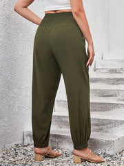  Solid Shirred Waist Jogger Trousers With Pockets