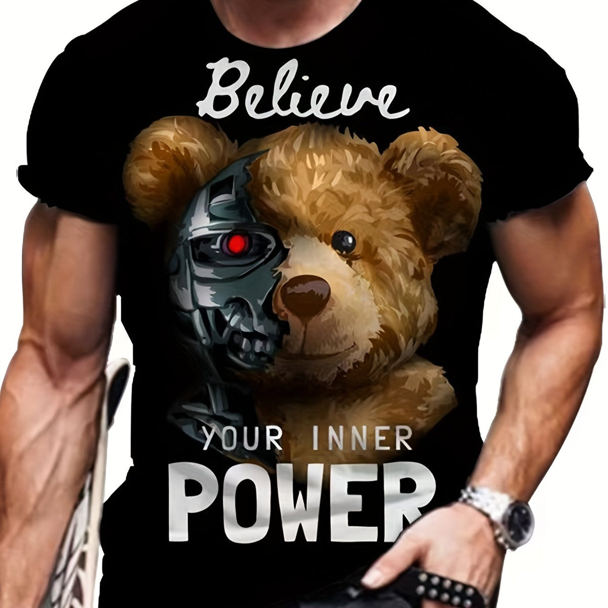 Men's Bear Graphic Print T shirt Crew Neck Tee for Summer