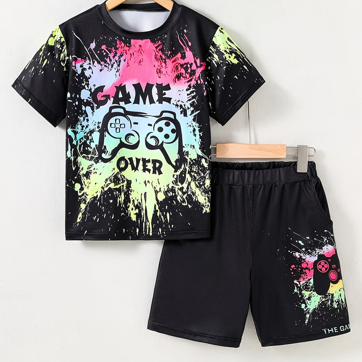 GAME OVER Boy's 2pcs T shirt & Shorts Set Gamepad Cartoon Print Casual Outfit