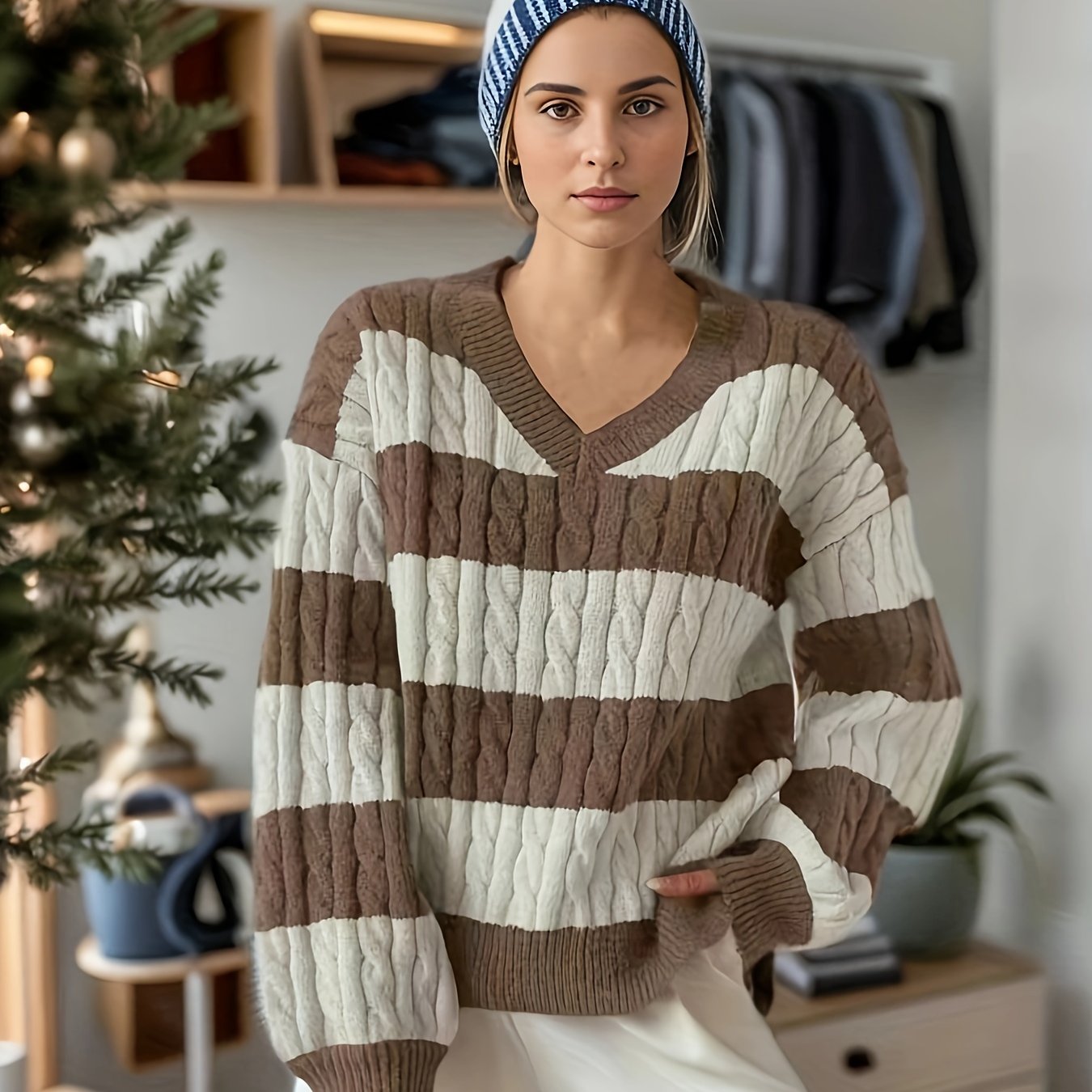  Colorblock Lantern Sleeve V Neck Sweater