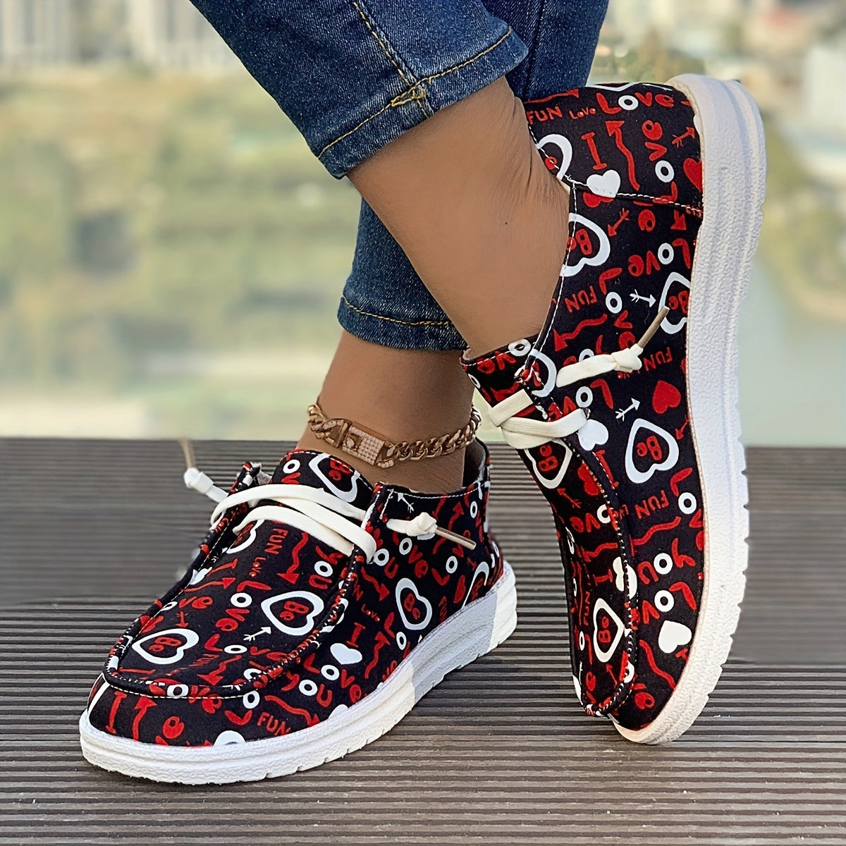 Women's Heart & Letter Pattern Boat Shoes Lightweight Slip on Flat Shoes