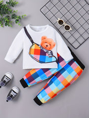 Preppy Kids Bear Graphic T-shirt & Plaid Shorts Set
