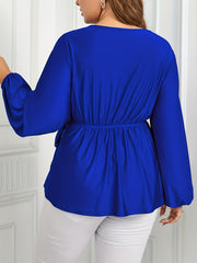  Solid Long Sleeve Wrap V Neck Tie Side Blouse