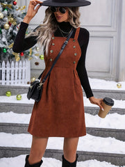  Solid Button Decor Overall Dress Mini Neck Overall