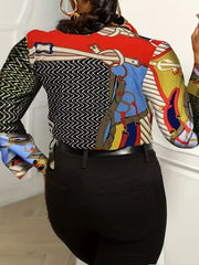  Colorblock Chain Print Long Sleeve Button Up Shirt