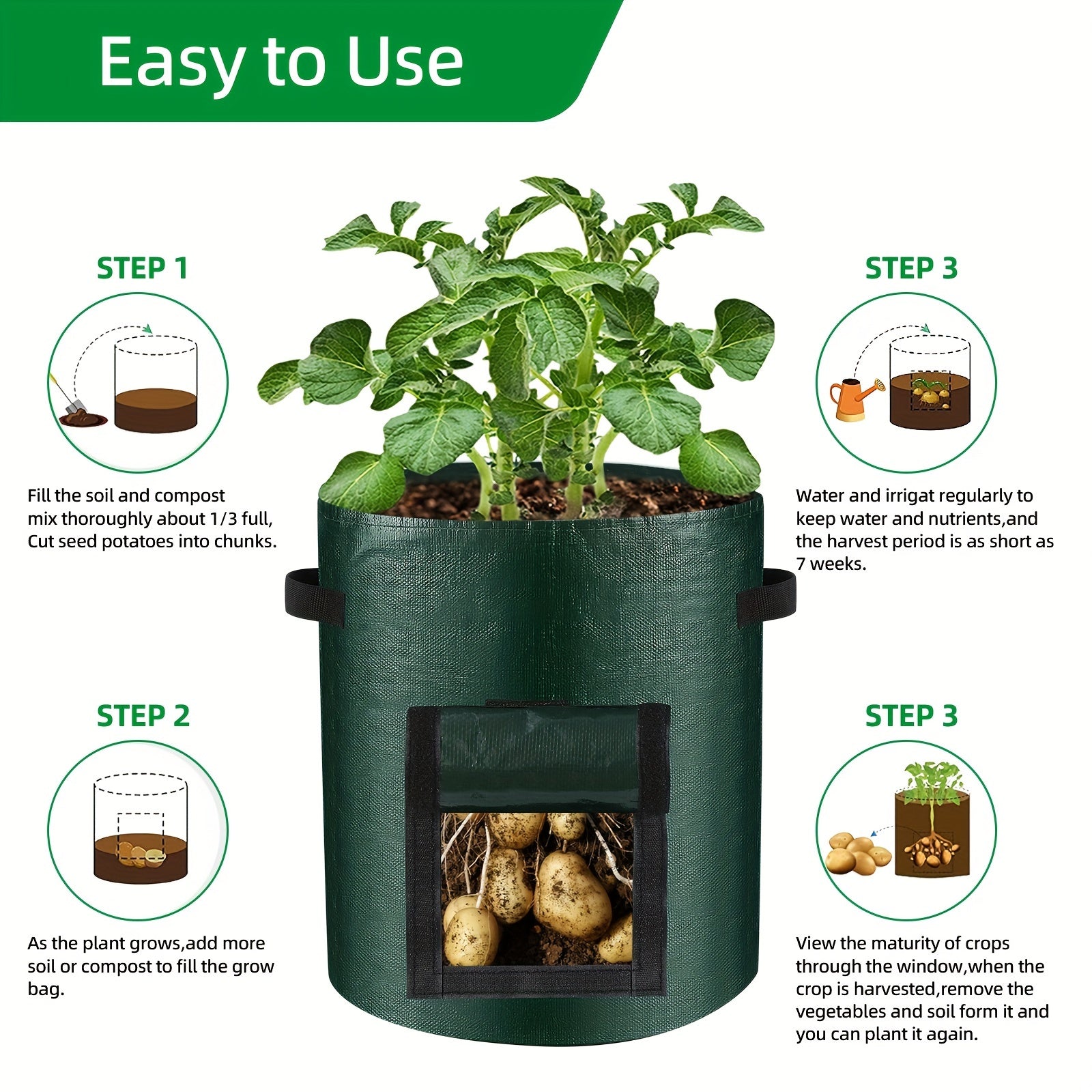 3pcs Potato Grow Bags PE Planting Growing Bag With Flap And Handles