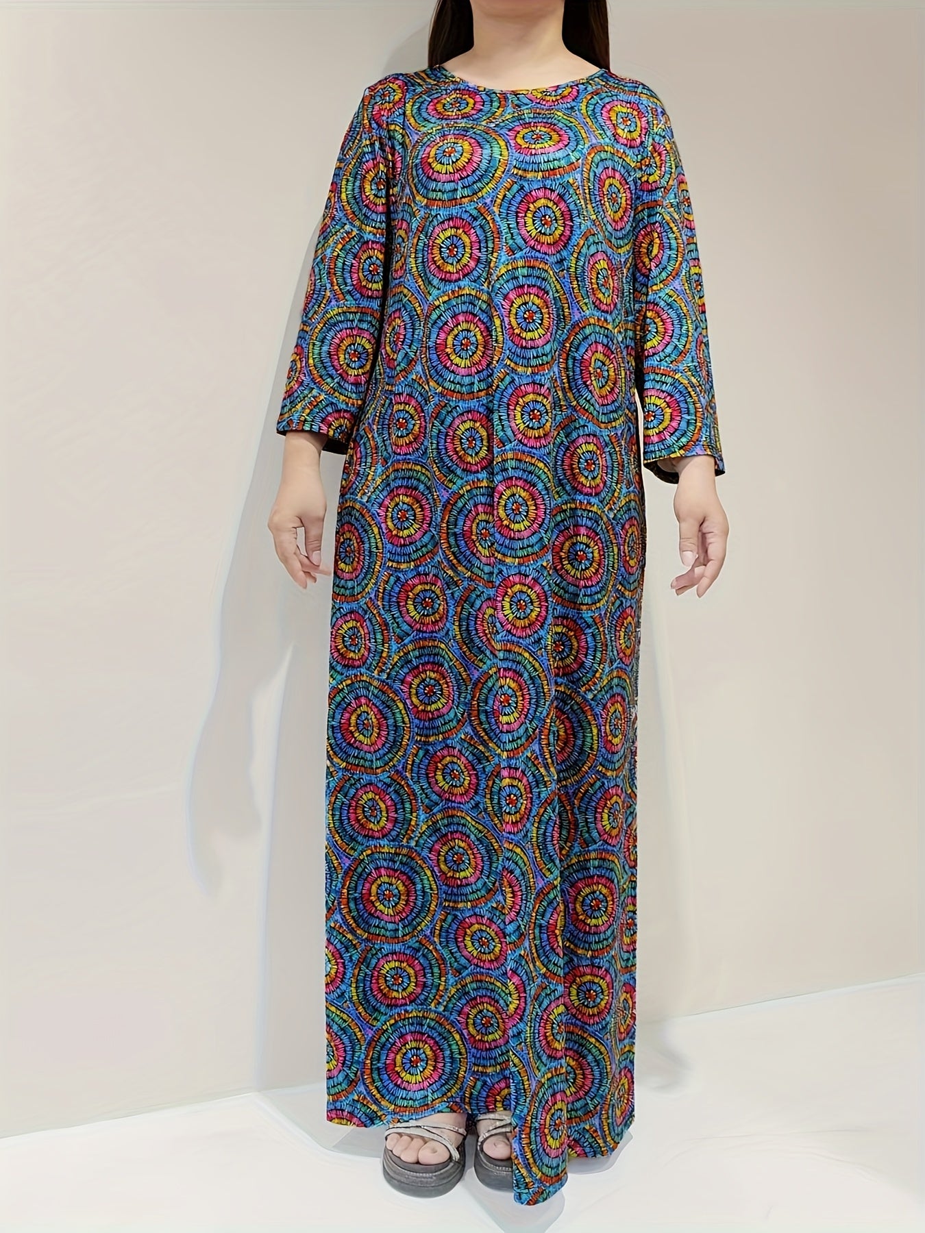  Casual Lounge Dress Women's Plus Allover Print Long Sleeve