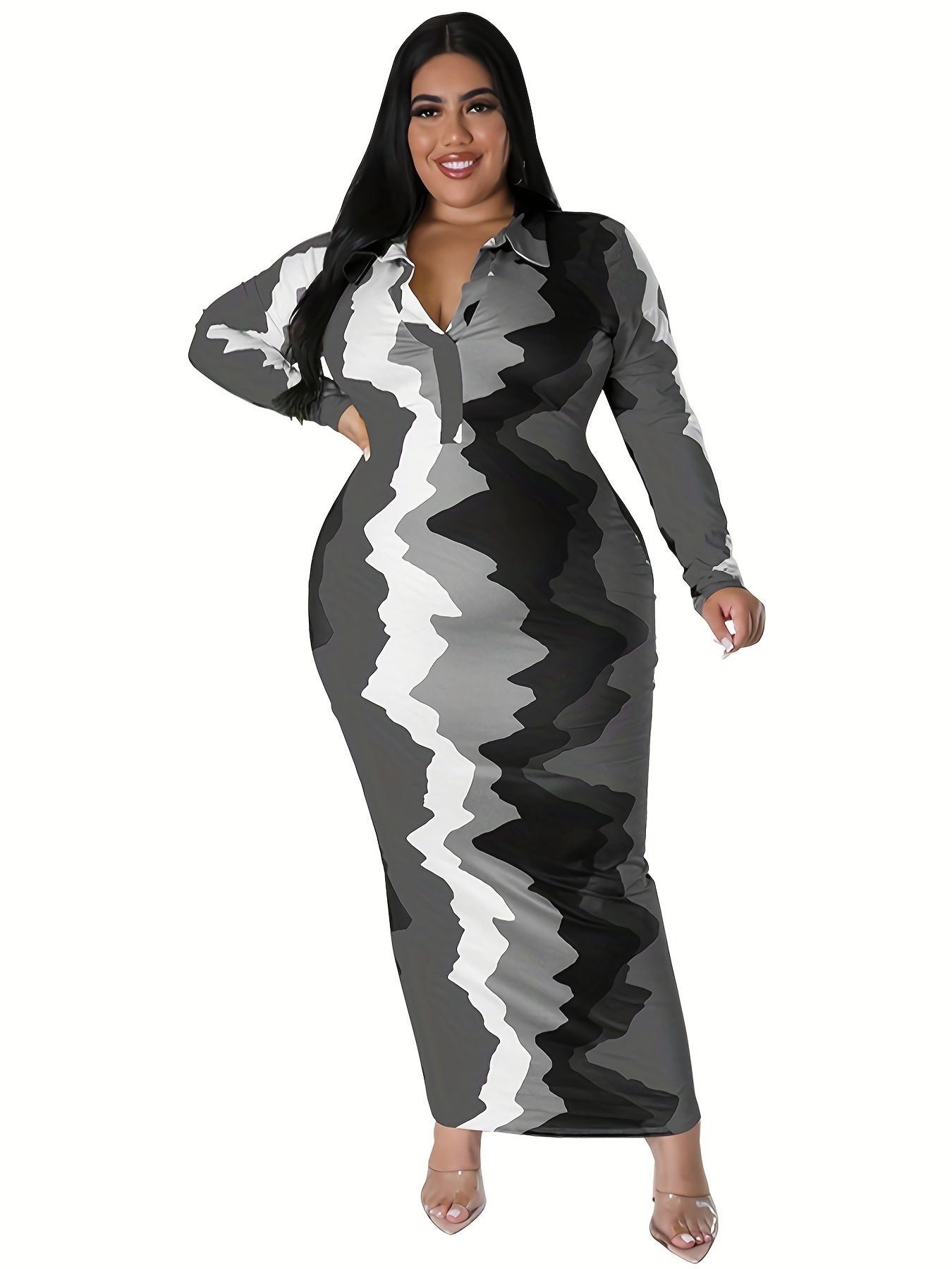 Tie Dye Print V Neck Long Sleeve Maxi Dress Plus Size