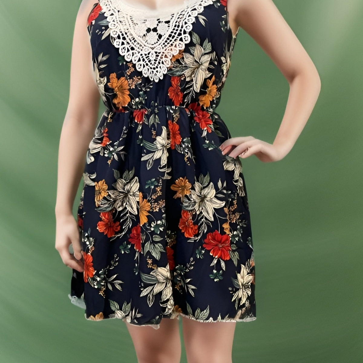  Floral Print Lace Panel Midi Cami Dress