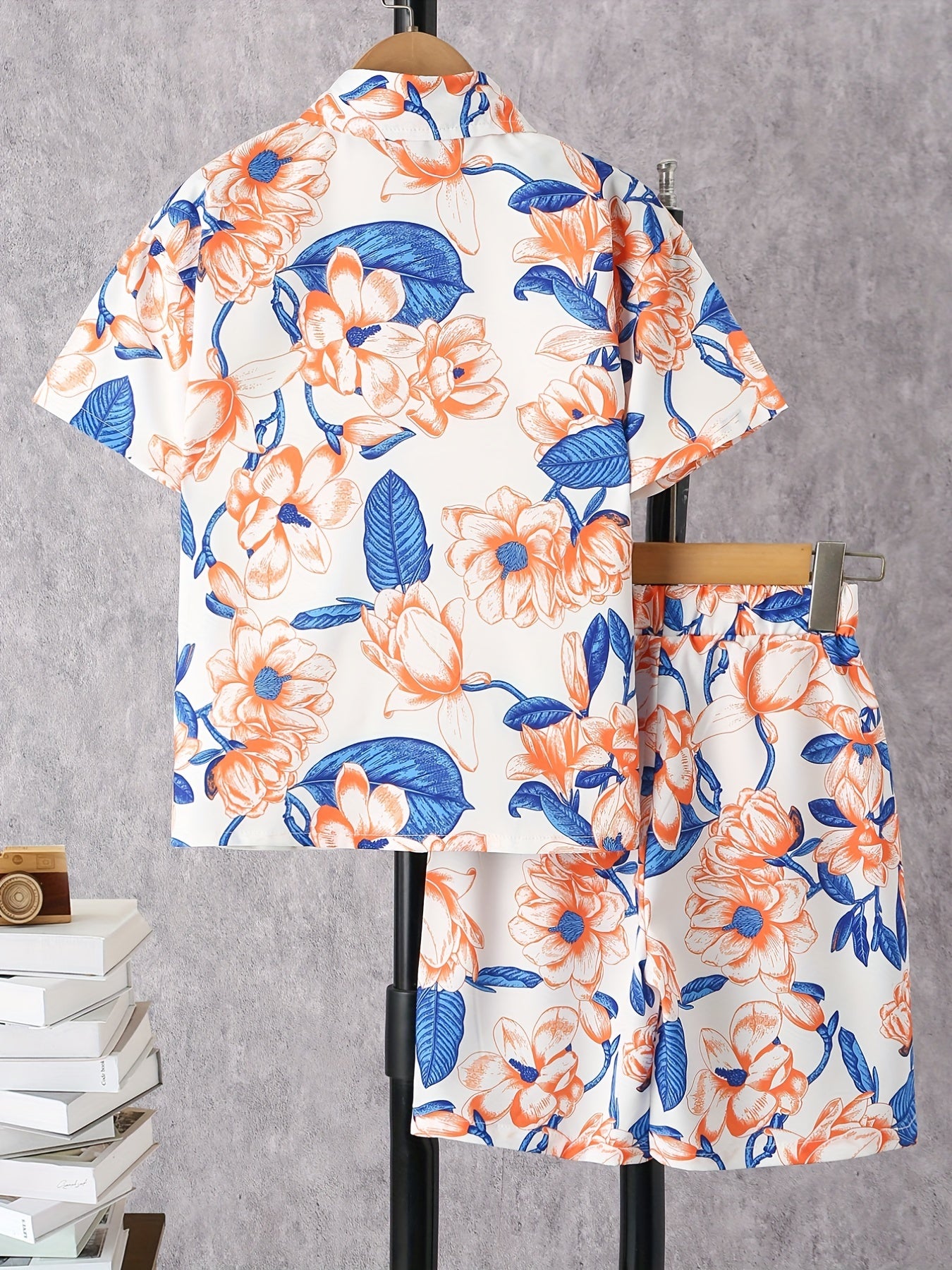 2pcs Boys Floral Print Short Sleeve Shirts & Shorts Set Summer Outfits