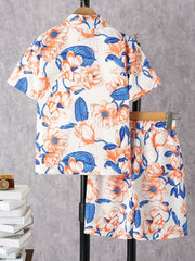 2pcs Boys Floral Print Short Sleeve Shirts & Shorts Set Summer Outfits