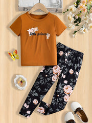 Toddler Girls Pajamas Set Cartoon Print Short Sleeve Top & Matching Pants