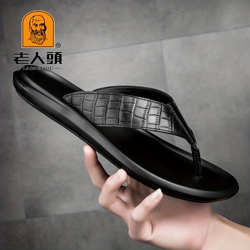 LAORENTOU Men's Leather Plaid Flip Flops Arch Support Thong Sandals