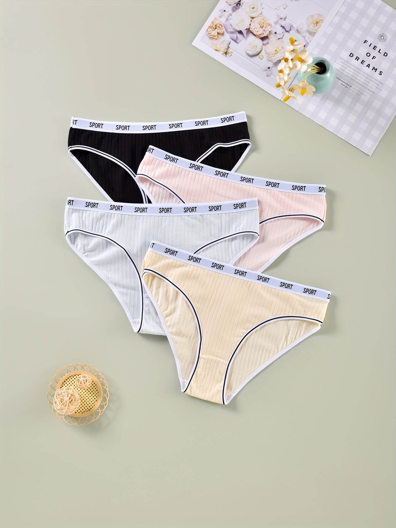 4 Pack Plus Size Casual Underwear Set Women's Plus Striped Letter Trim Underwear
