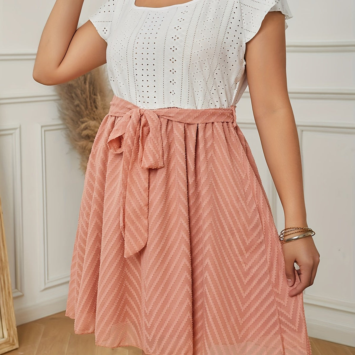  Eyelet Embroidery Pleated Dress with Belt