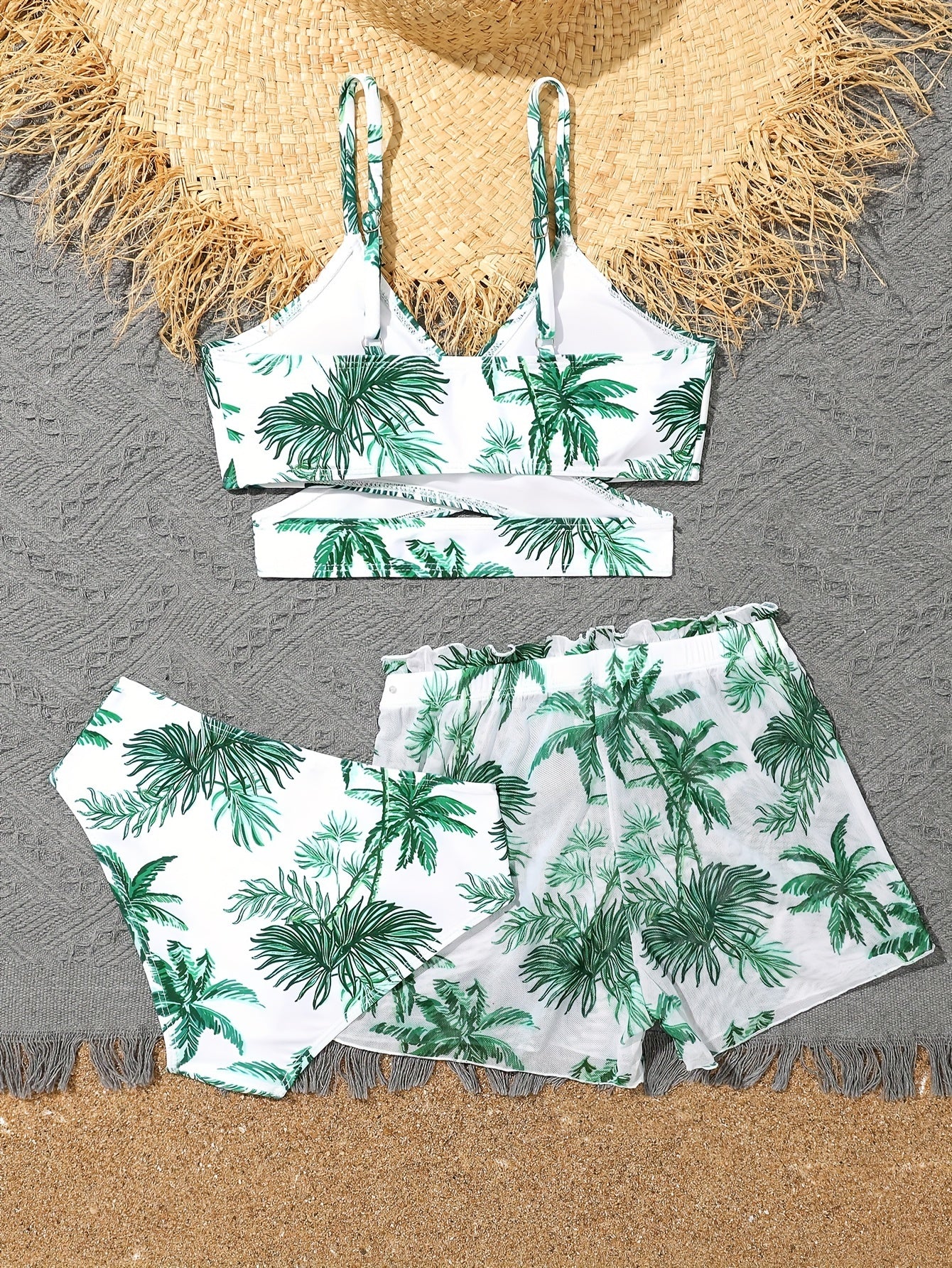 Girls 3pcs Split Bikini Swimsuit Tropical Leaf Pattern Casual Vacation Swimwear