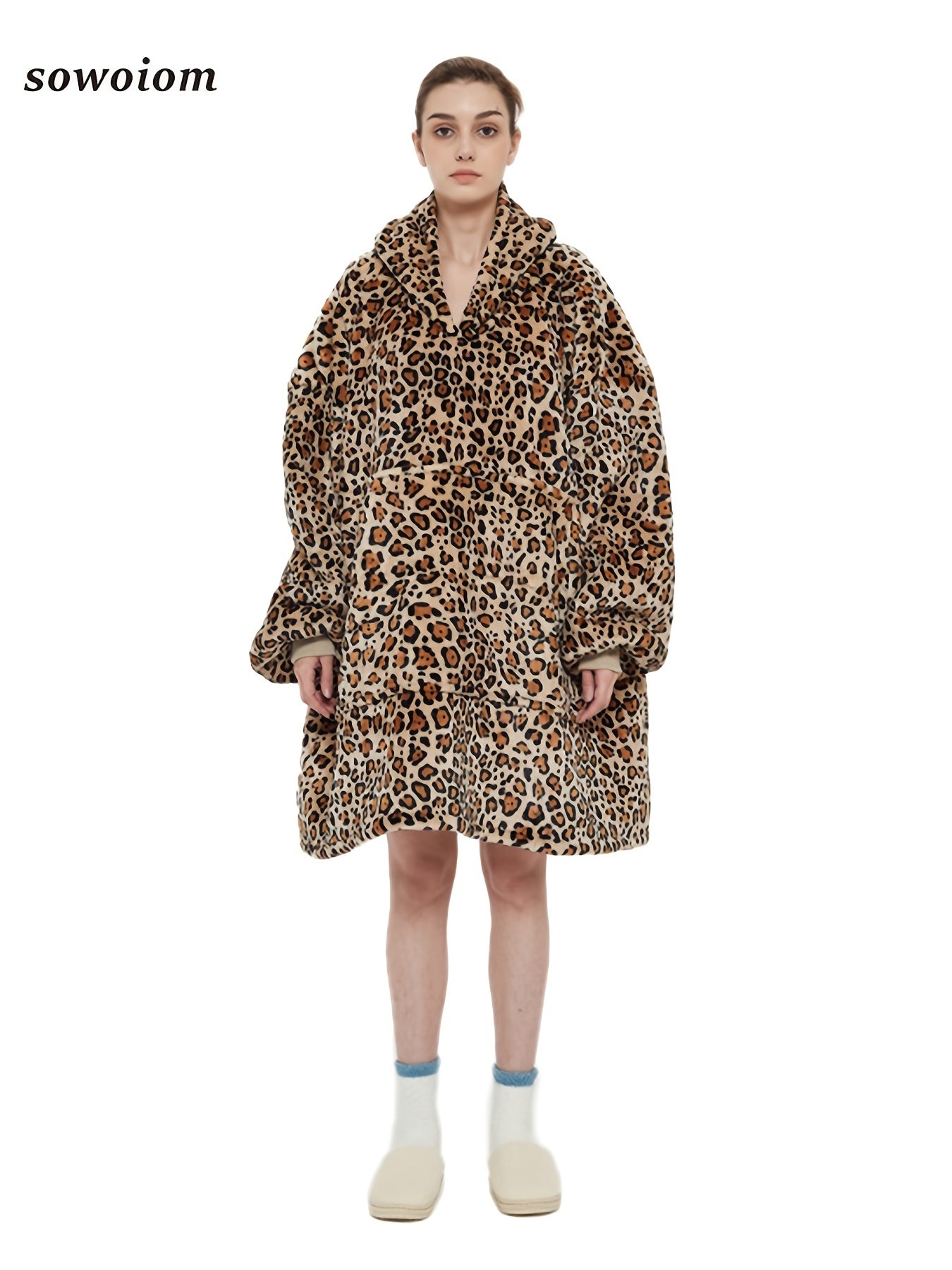  Leopard Print Hooded Fleece Nightgown