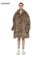  Leopard Print Hooded Fleece Nightgown