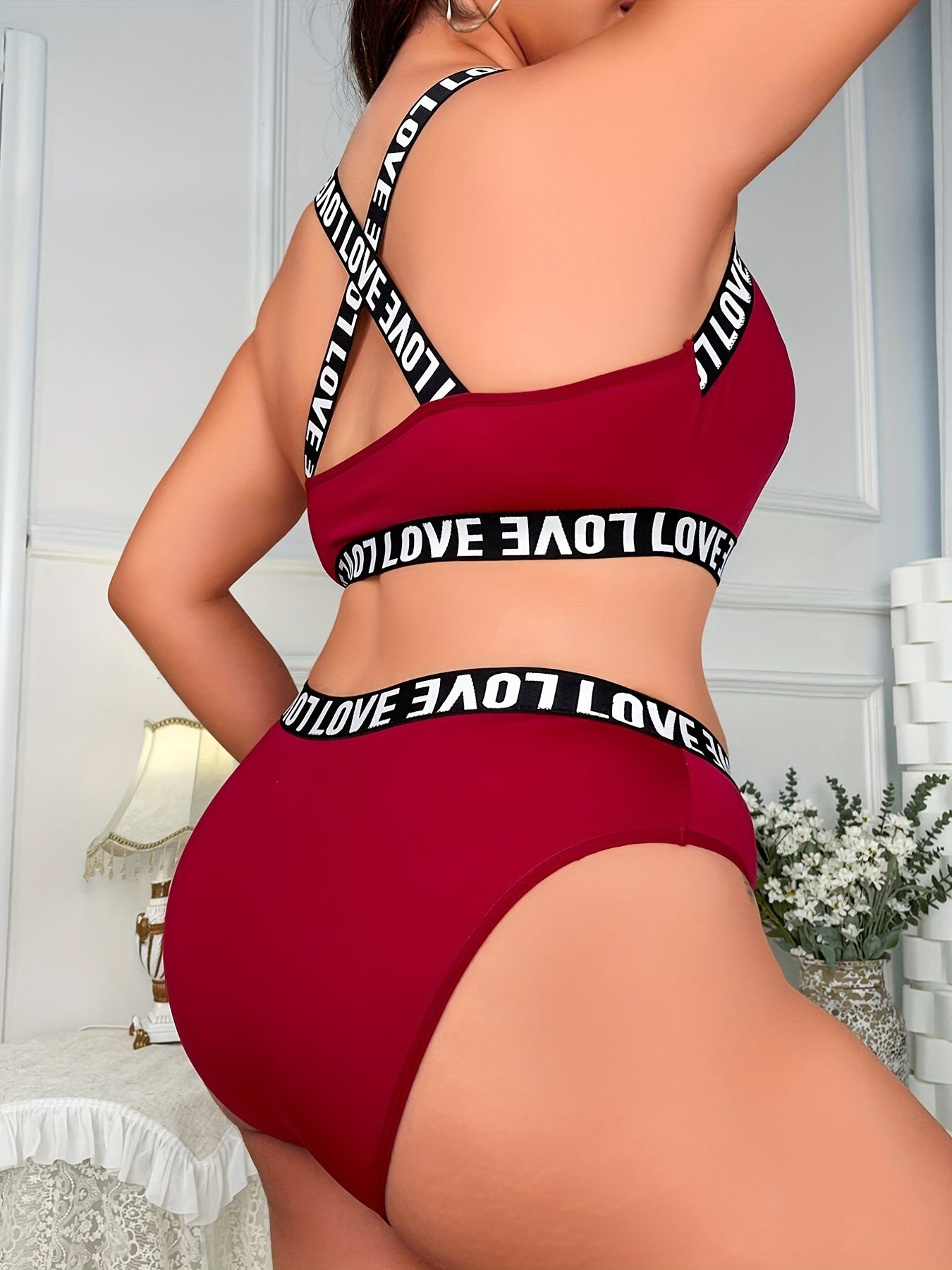 Casual Underwear Set Women's Plus Letter Tape Criss Cross Back