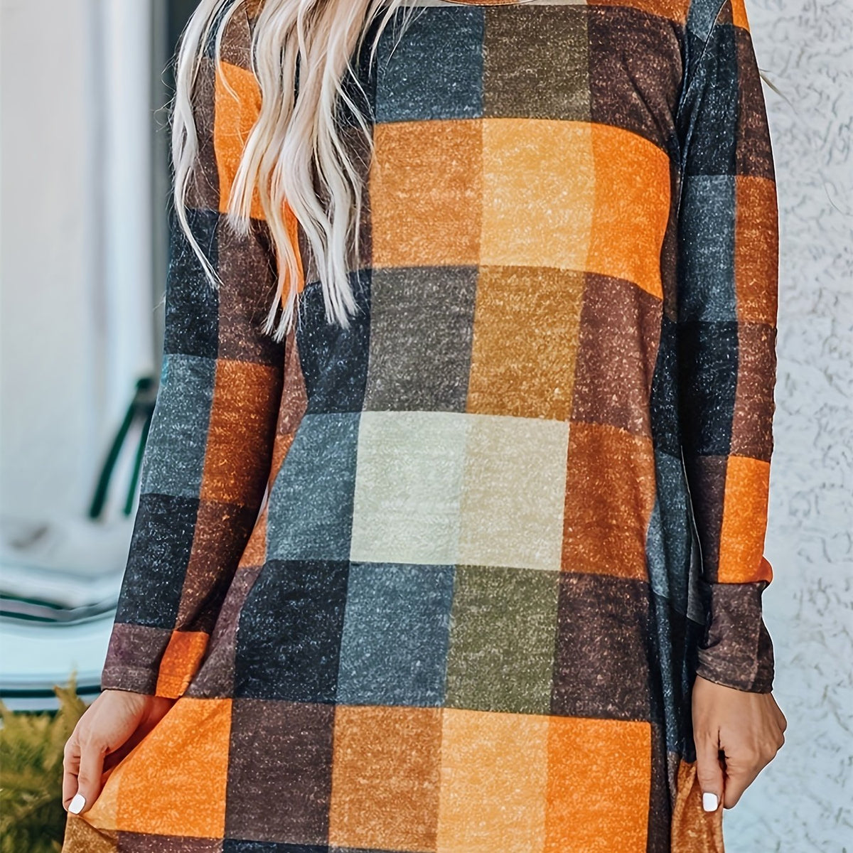 Plaid Print Mini Dress Long Sleeve Casual Crew Neck