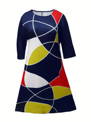  Colorblock Geometric Print Half Sleeve Midi Dress