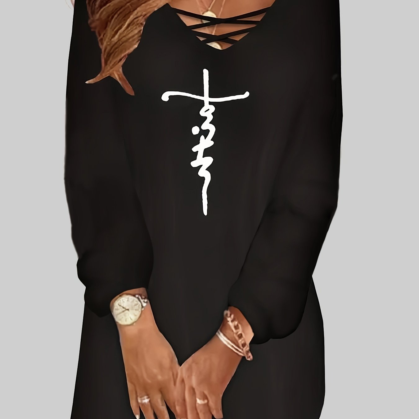  Casual Dress Cross Letter Print Lantern Sleeve Tee Dress
