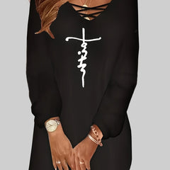  Casual Dress Cross Letter Print Lantern Sleeve Tee Dress