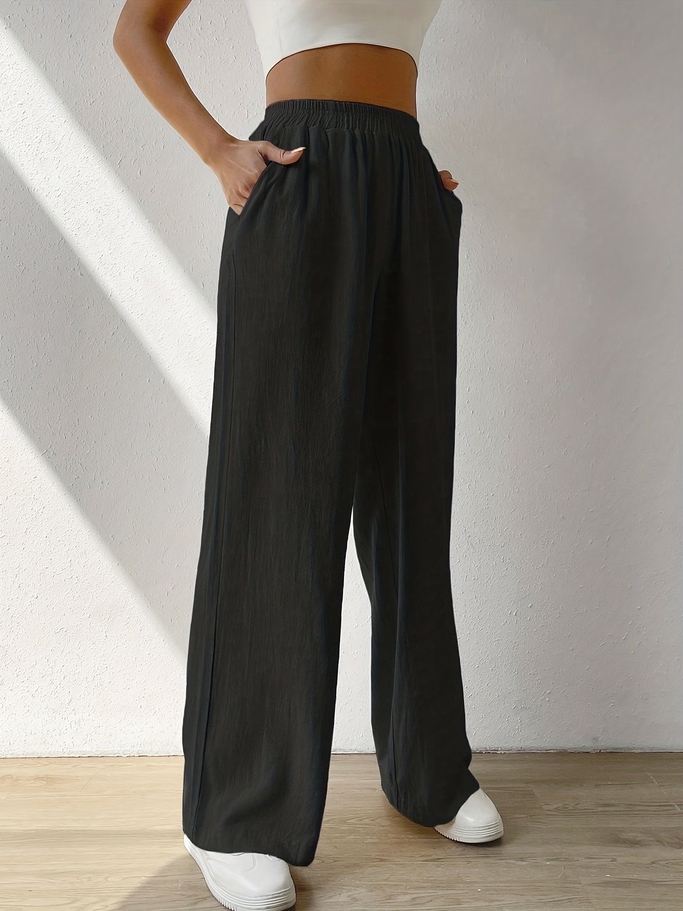 Women's Plus Solid Wide Leg Trousers High Rise Pockets