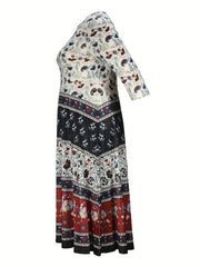 Women's Plus Tribal & Floral Print Three Quarter Sleeve Round Neck Maxi Dress