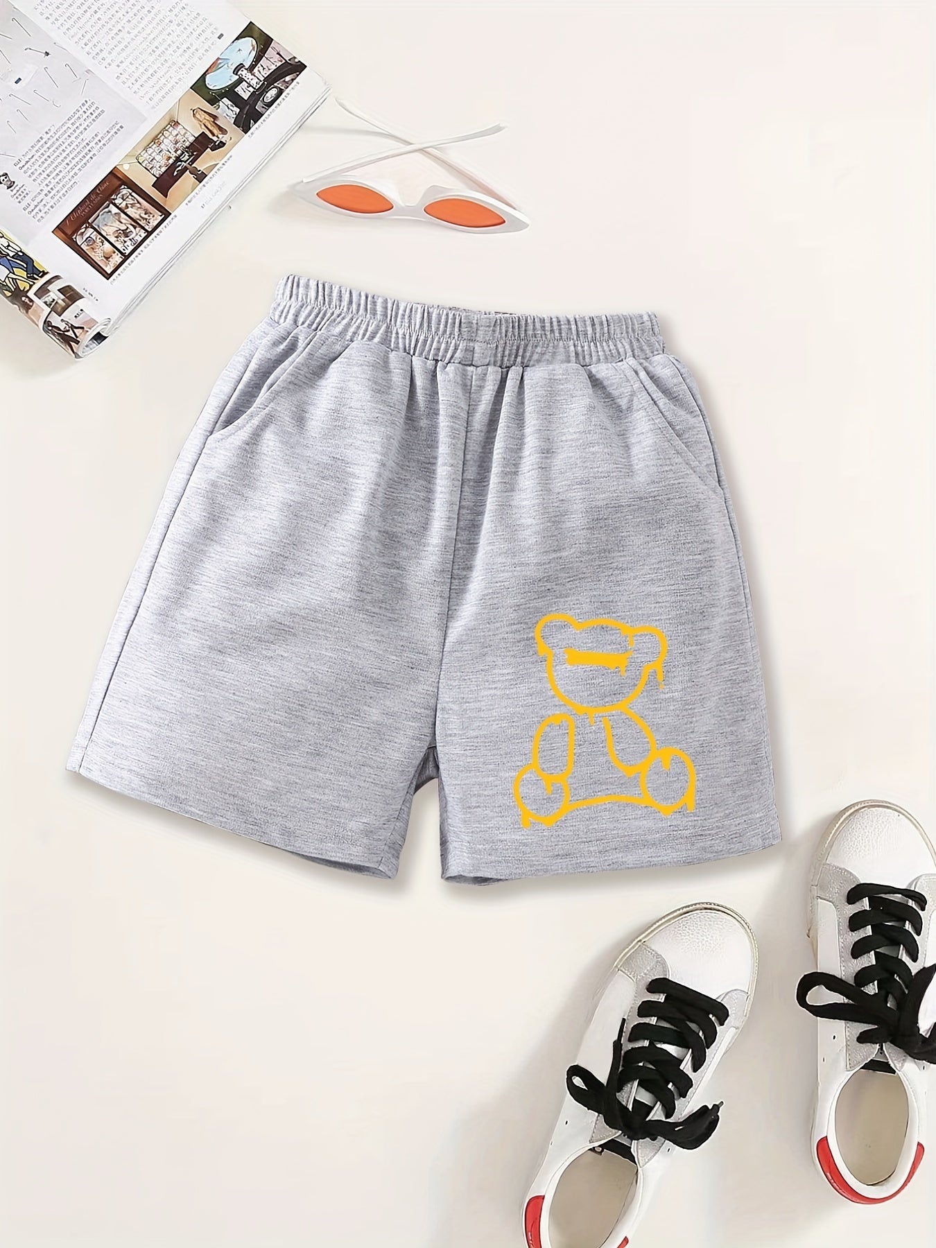 Girls Bear Figure Print Casual Sweat Shorts Elastic Waist Work Out Shorts