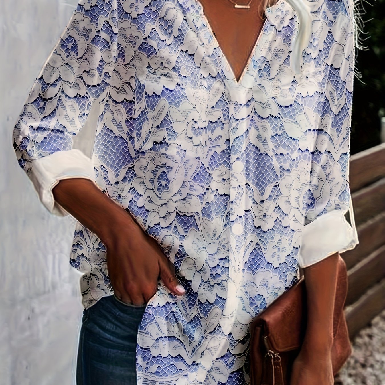  Floral Print Roll Up Sleeve Button Up Tunic Top
