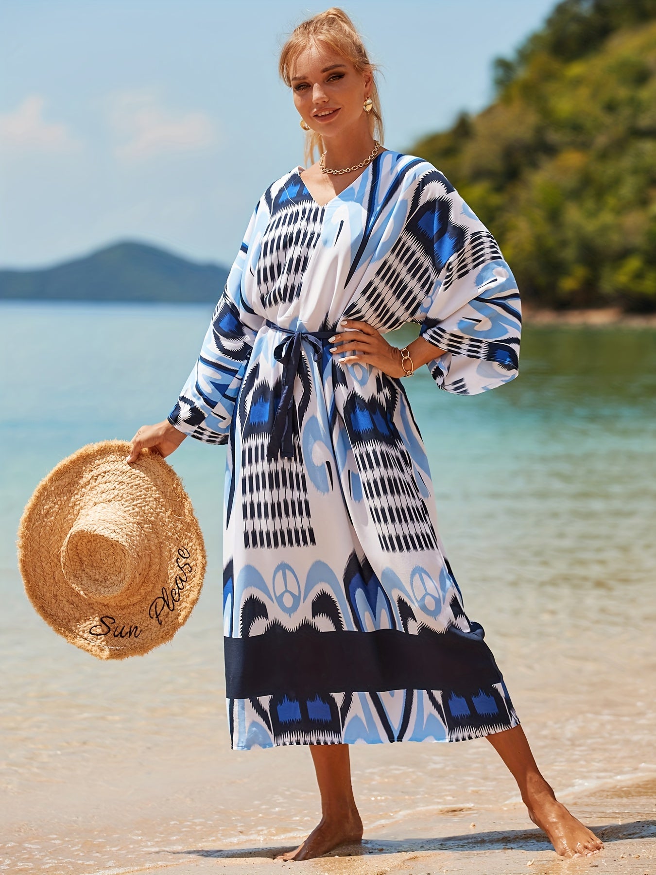  Boho Cover Up Women's Plus Tribal Print Bat Sleeve V Neck Loose