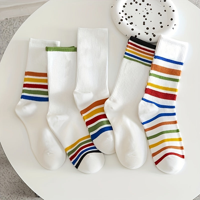 5 Pairs Rainbow Striped Socks College Style Women's Stockings