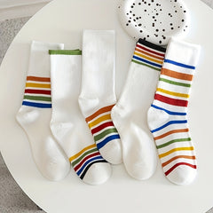 5 Pairs Rainbow Striped Socks College Style Women's Stockings