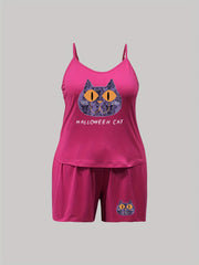  Funny Cat & Letter Print Pajama Set for Women